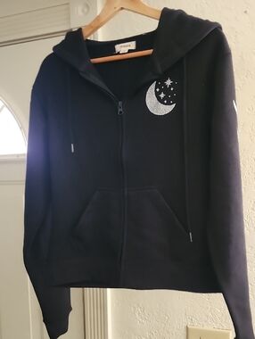 NWT Persaya Black Celestial Moon & Stars Cropped Zip-Up Hoodie Sz S Zip-Up Hoodi